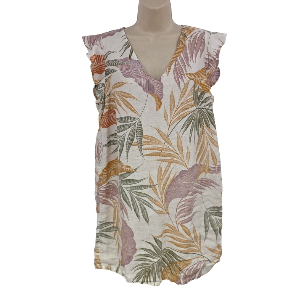 Tahari Linen Dress Women L Tropical Palm Leaf Ruffle Sleeve Shift Sundress
